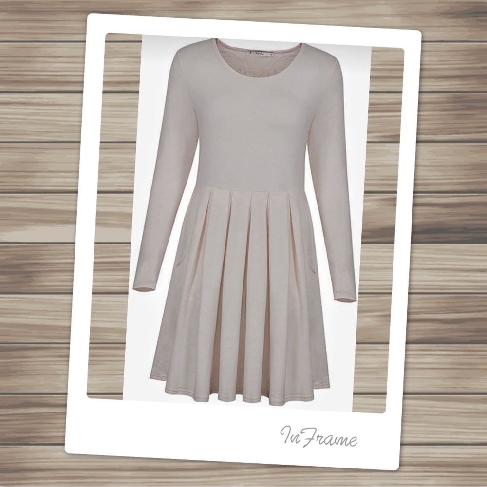Short Pleated Gray/Beige Dress w/ Long Sleeves - Picture 3 of 4